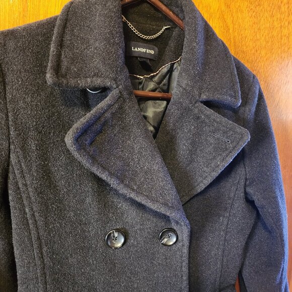 Women's Size 8 Lands' End Black Double Breasted Wool Cashmere Blend Pea Coat - Picture 3 of 10
